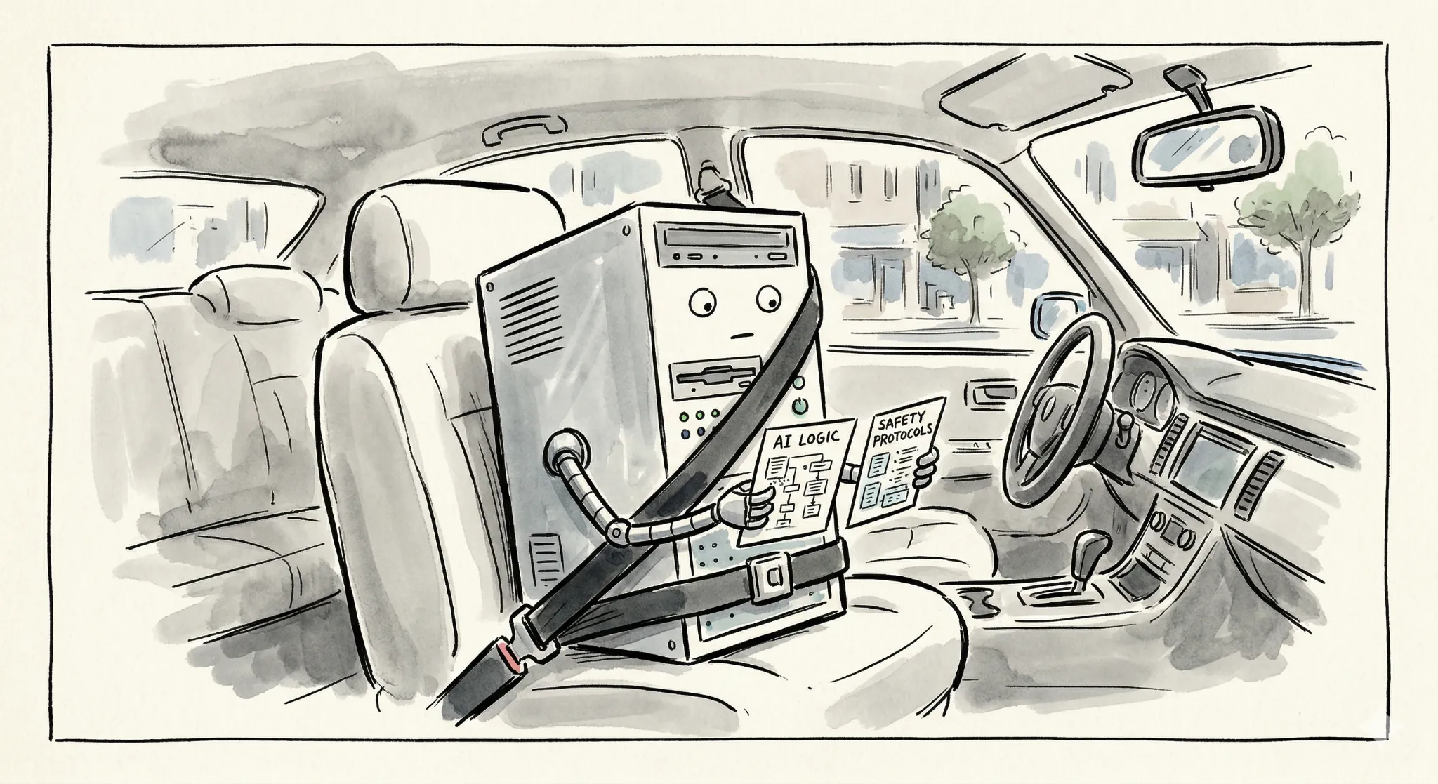 Illustration of a computer buckled into a car passenger seat, holding papers labelled AI Logic and Safety Protocols